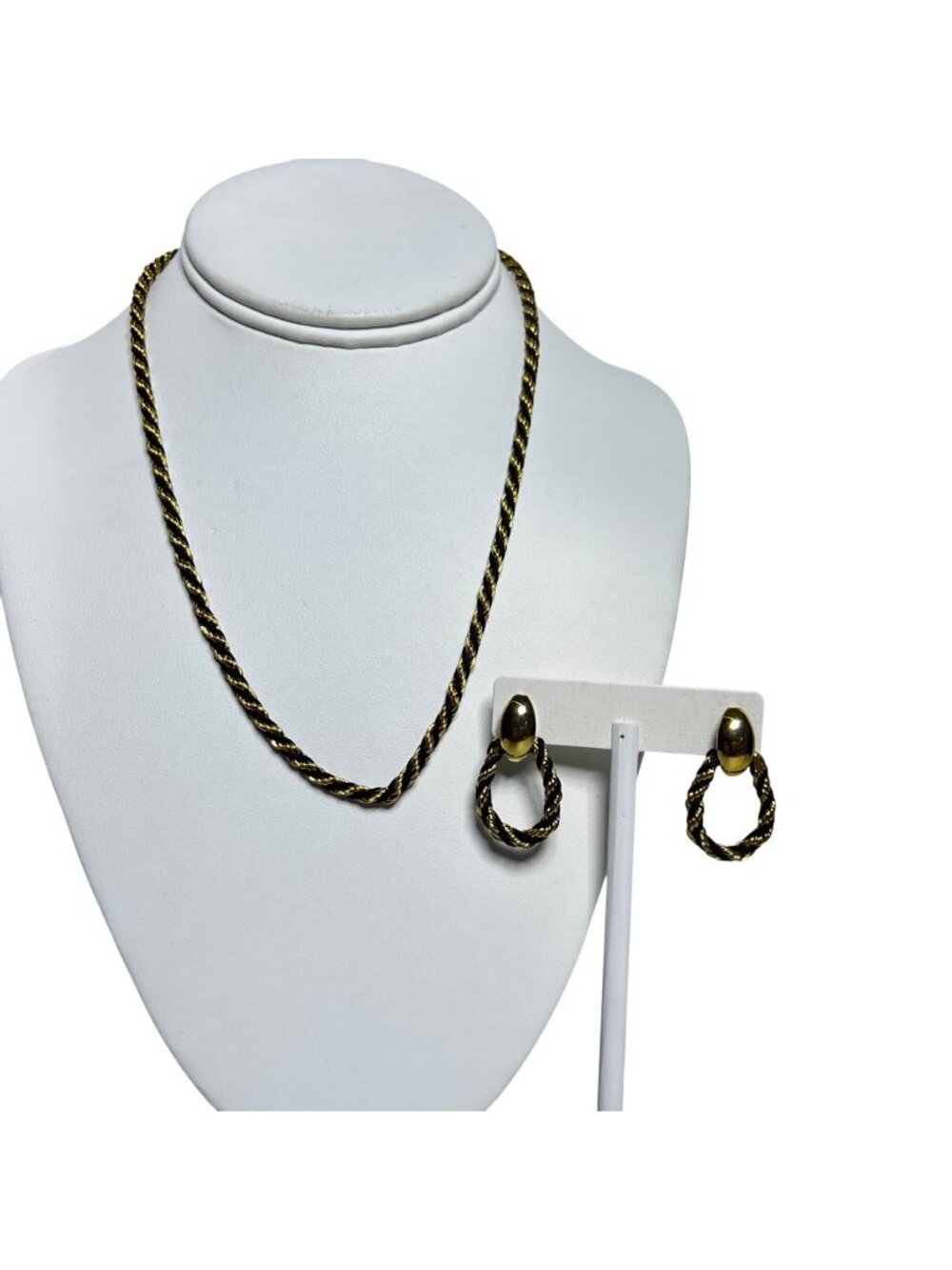 Trifari Gold Tone And Black Cord Rope Chain Necklace W/ Pierced Earrings (6518)